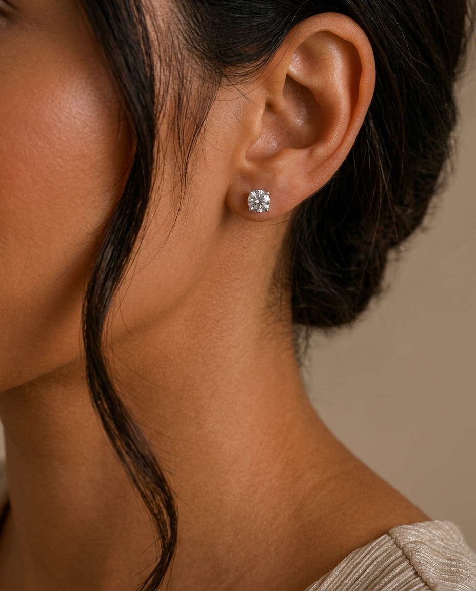 14KT Gold Solitaire Diamond Studs 4 Prong on model