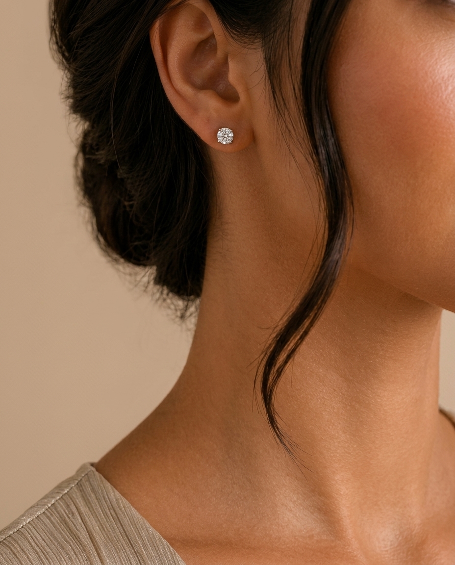 14KT Gold Solitaire Diamond Studs 4 Prong on model