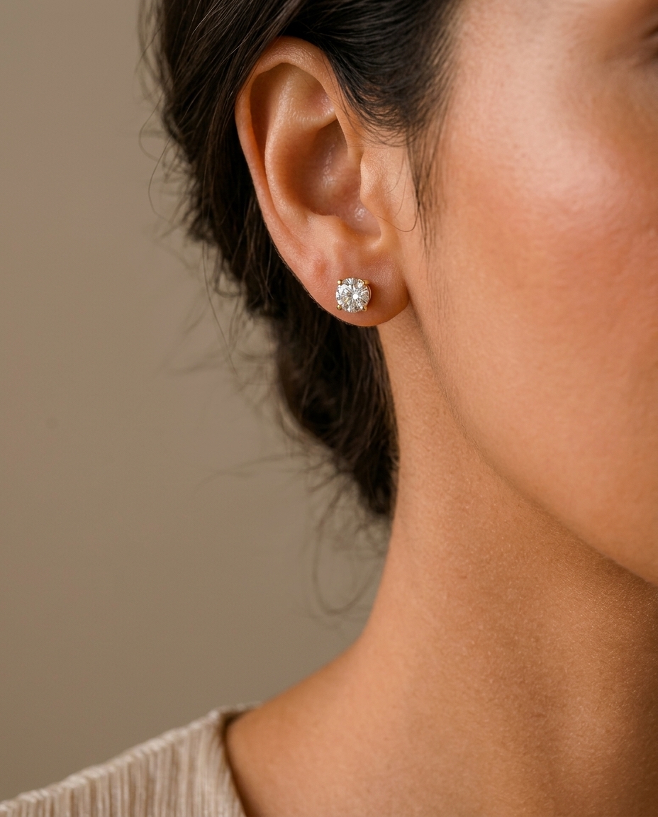 14KT Gold Solitaire Diamond Studs 4 Prong on model
