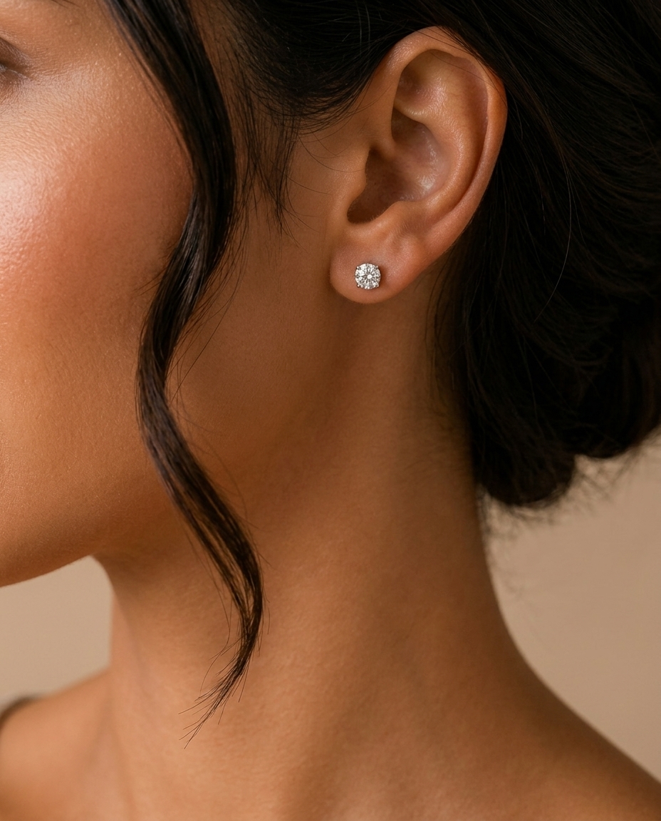 14KT Gold Solitaire Diamond Studs 4 Prong on model