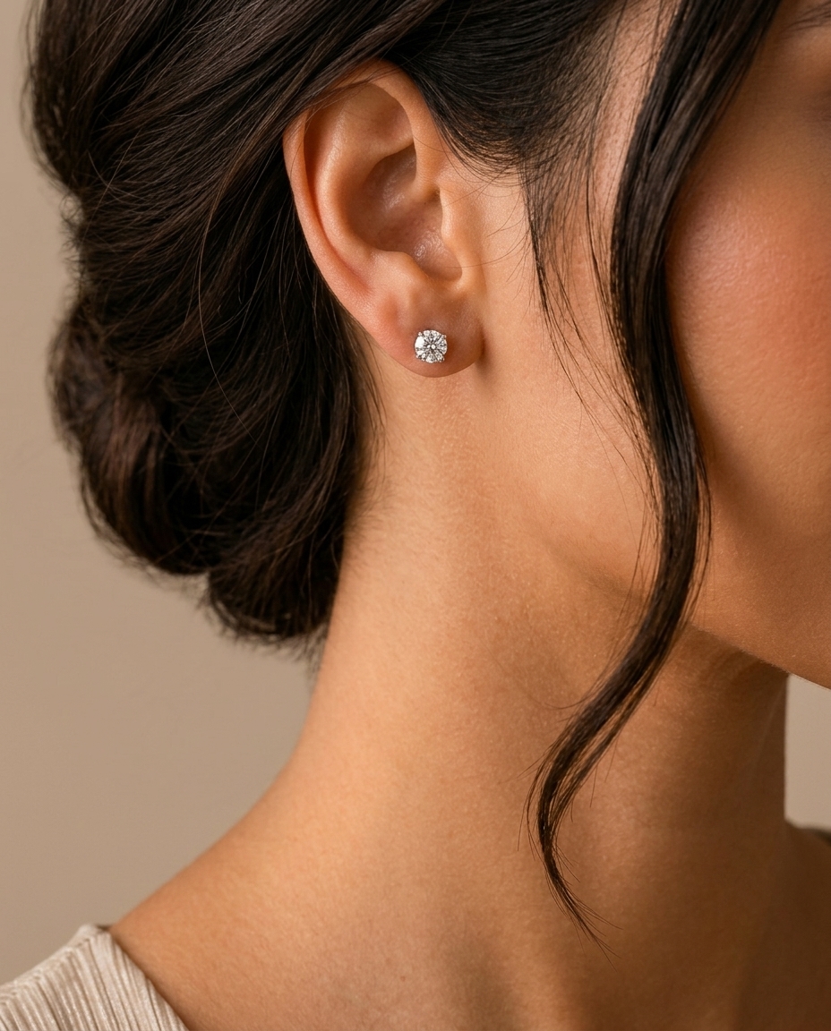14KT Gold Solitaire Diamond Studs 4 Prong on model
