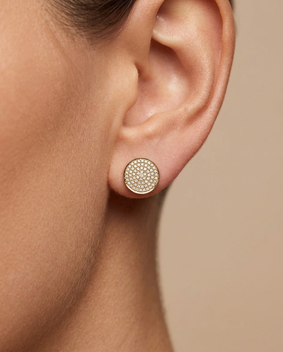 14KT Gold Diamond Round Disk Ear Studs 10 MM on model