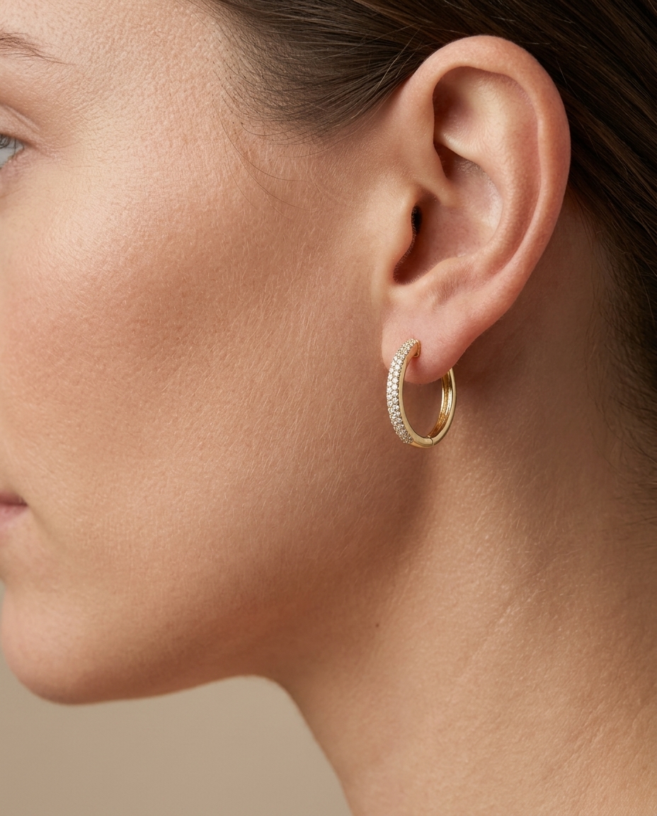 14KT Gold Diamonds Huggies on model