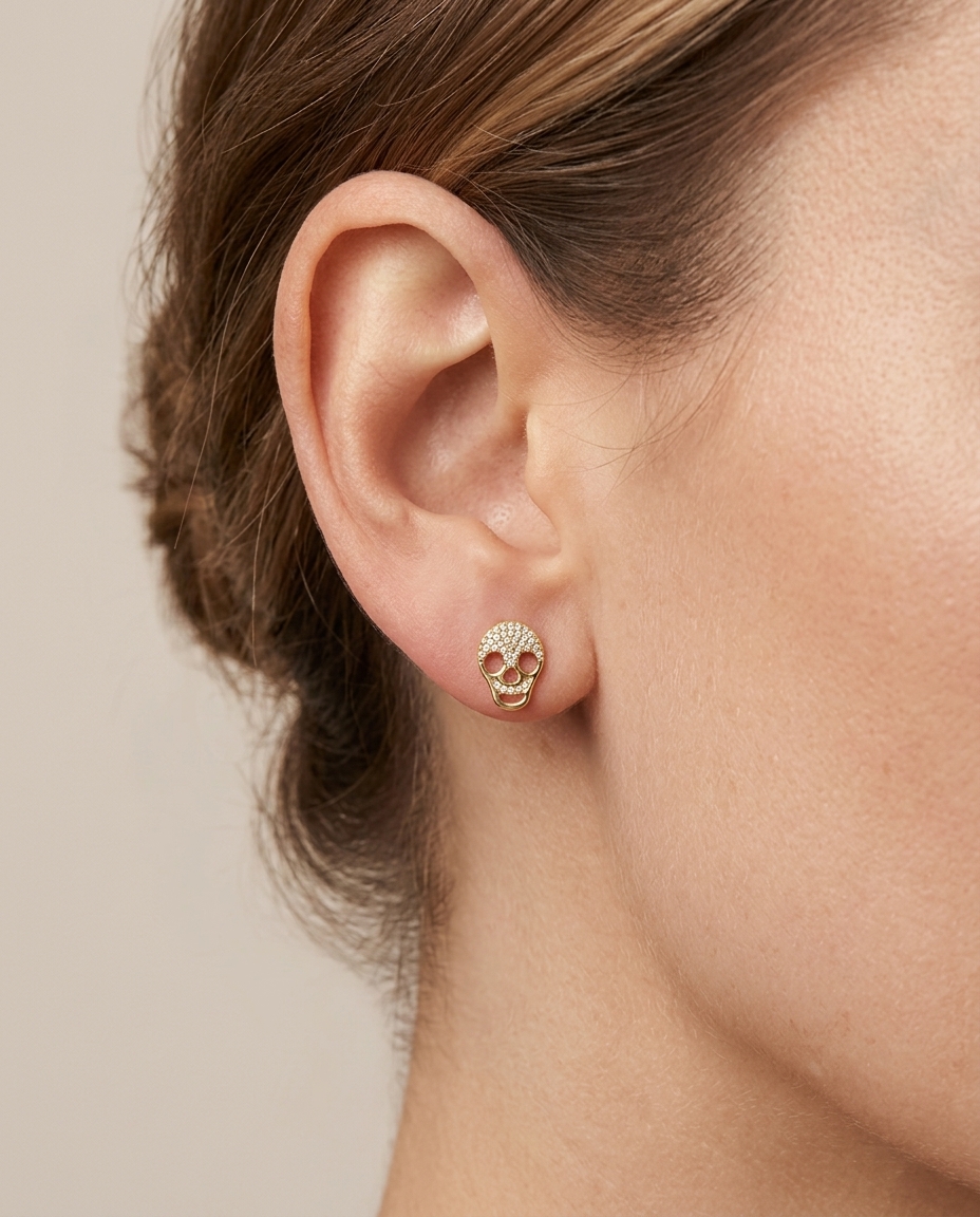 14KT Gold Diamonds Skull Earring on model