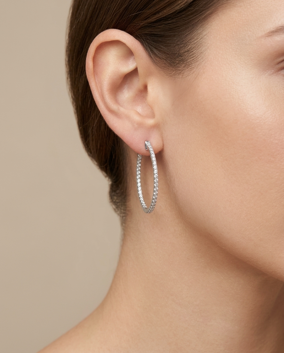 14KT Gold Diamond Hoop Earring on model