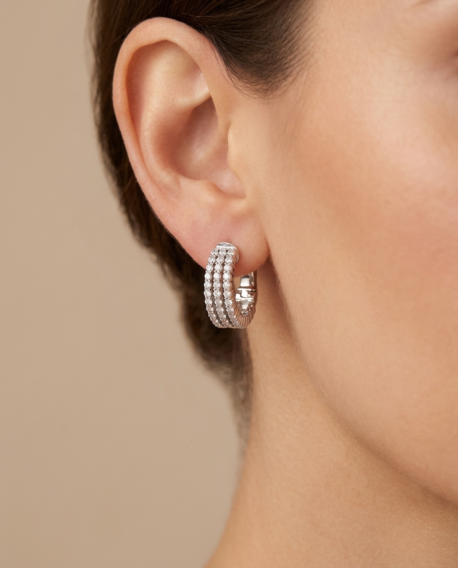 14KT White Gold Diamonds Huggies on model