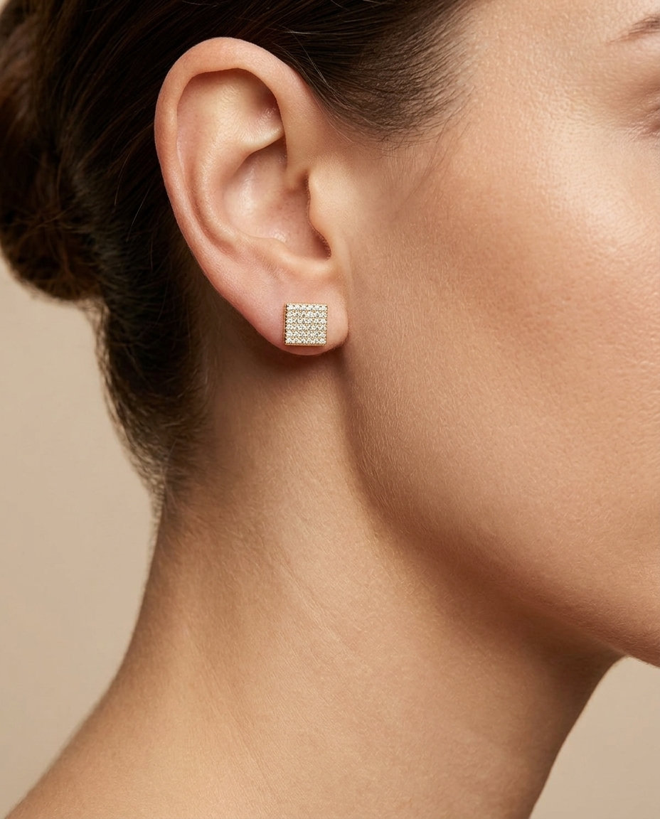 14KT Square 6 X 6 Diamond Ear Studs on model