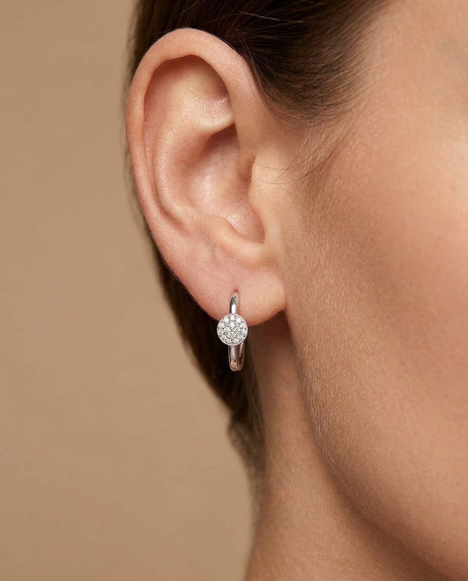 14KT Gold Diamond Hoop Earrings with Disc on model