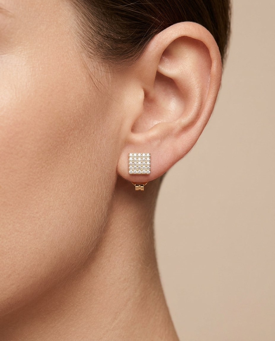 14KT Square 5 X 5 Diamond Ear Studs on model