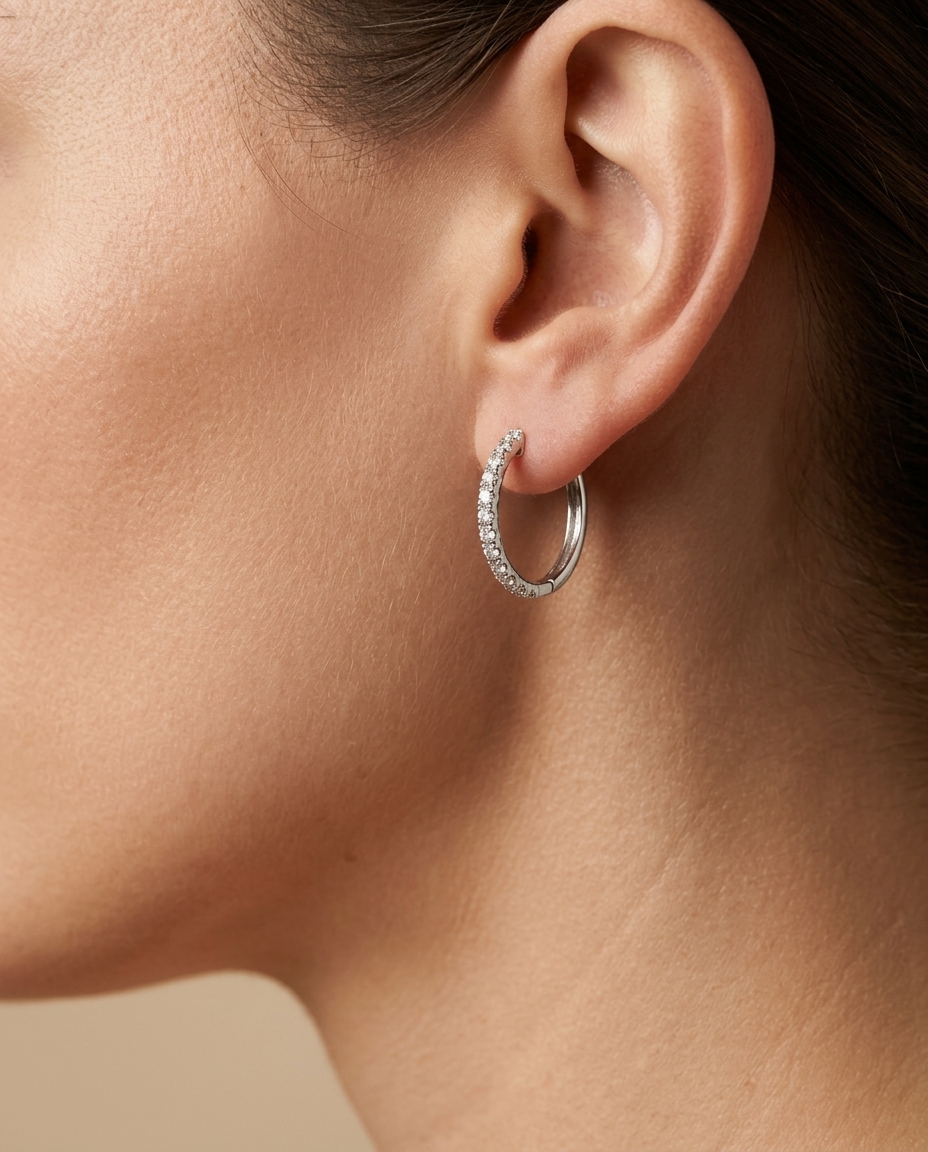 14KT Gold Diamond Huggies Earring on model
