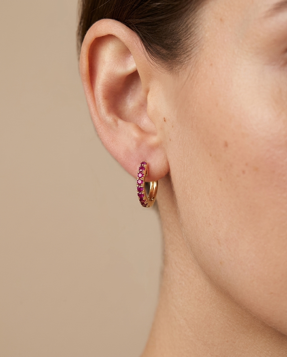 14KT Yellow Gold Ruby Huggies Earring on model