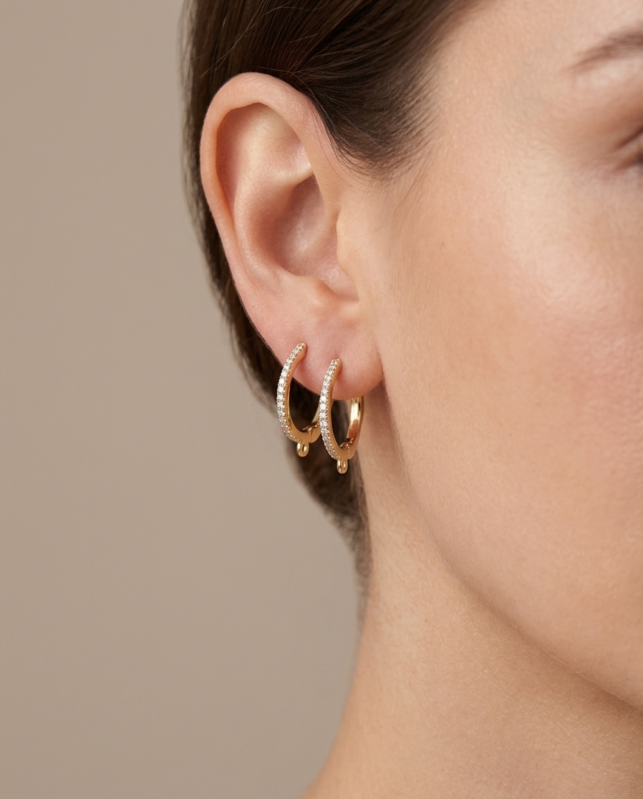 14KT Gold Diamonds Huggies on model