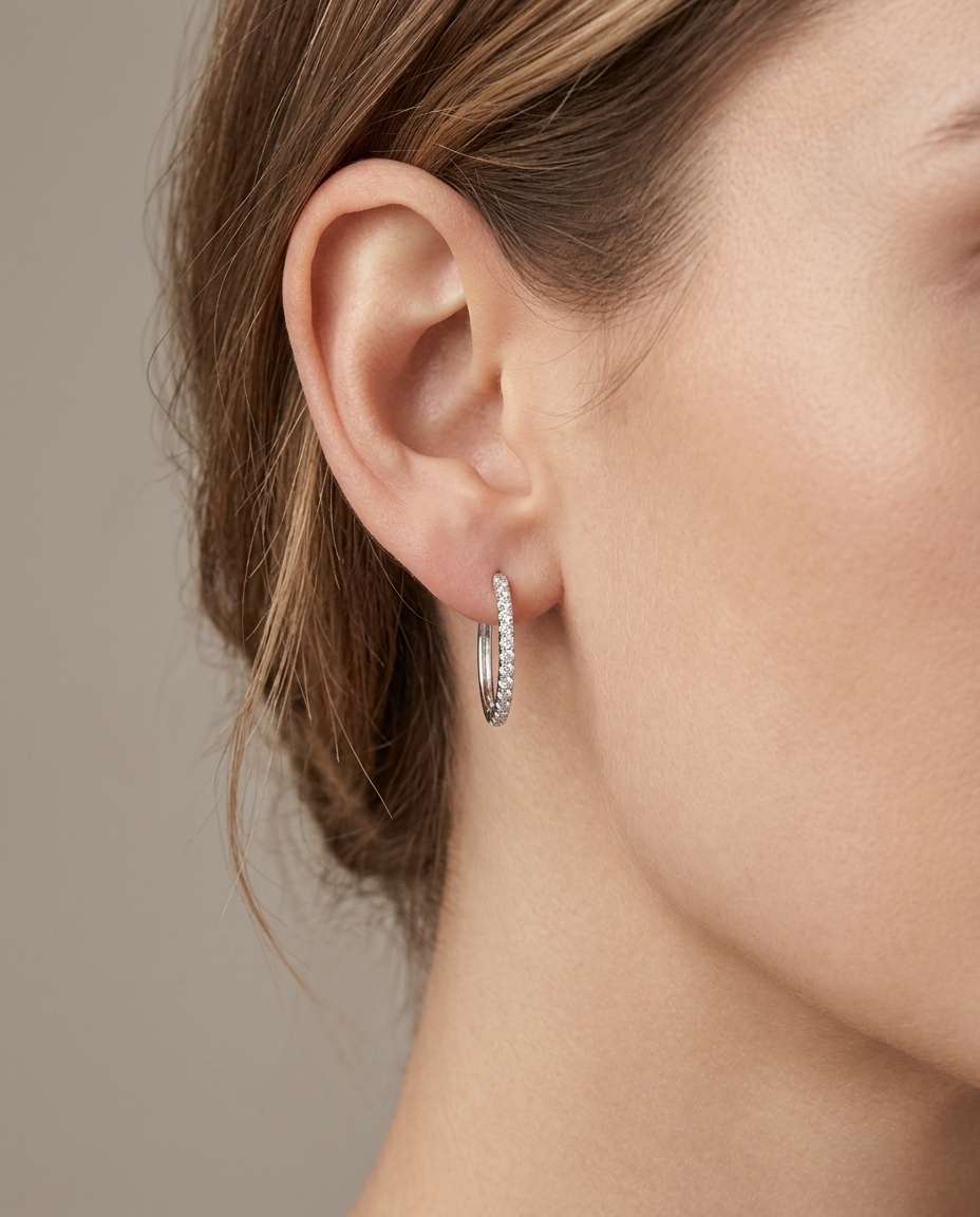 14KT White Gold Diamond Hoop Earring on model