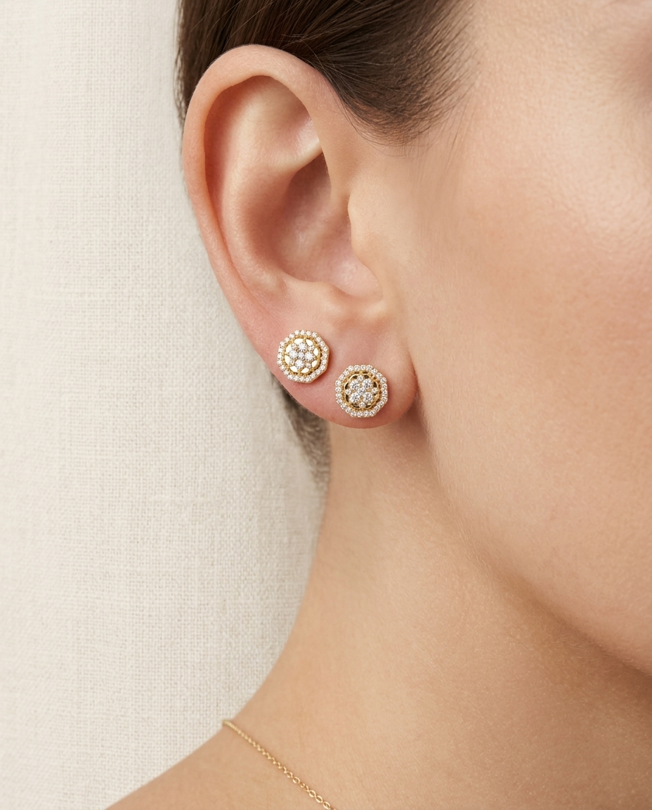 14KT Yellow Gold Diamond Earing on model