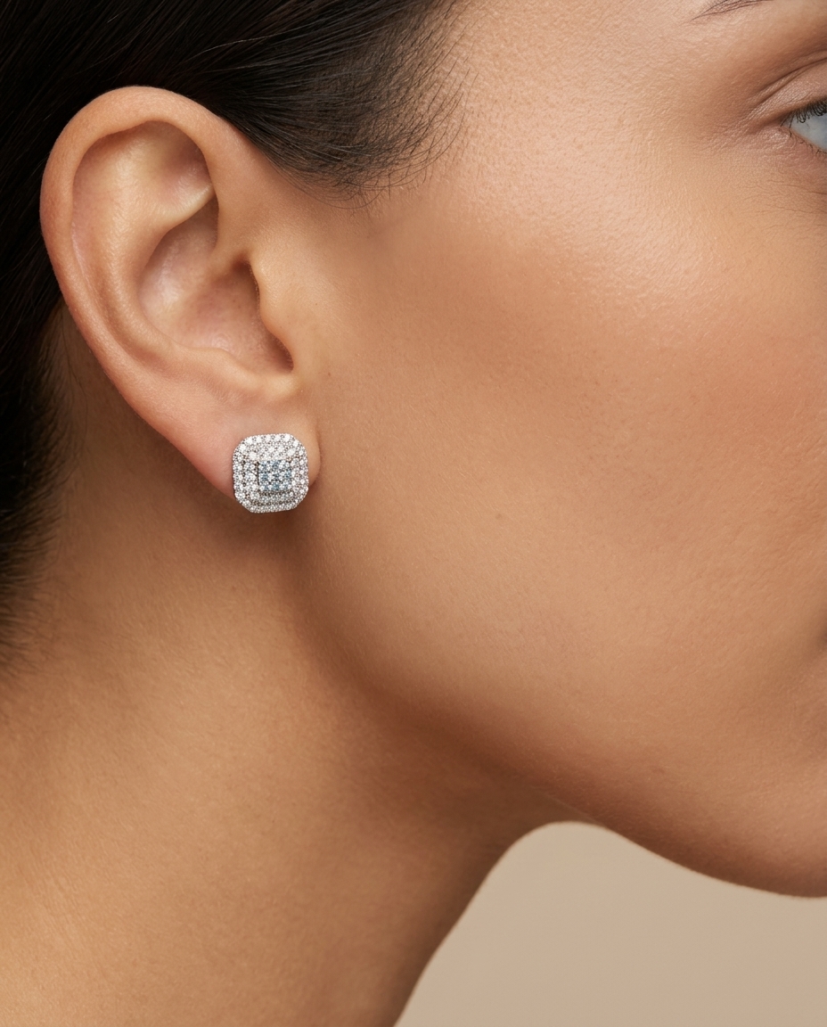 14KT White Gold Diamond Square Earring on model