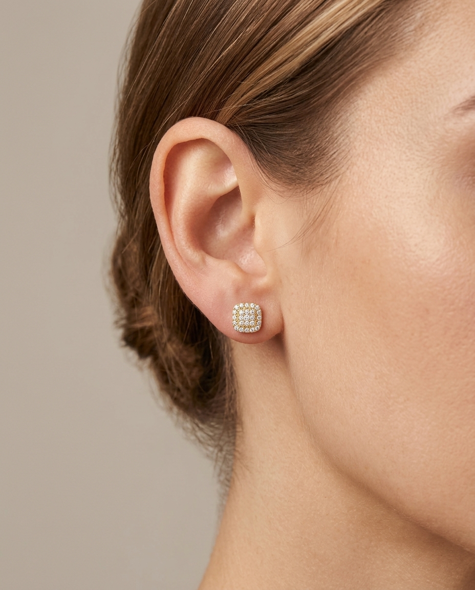 14KT Gold Diamond Square Ear Studs on model