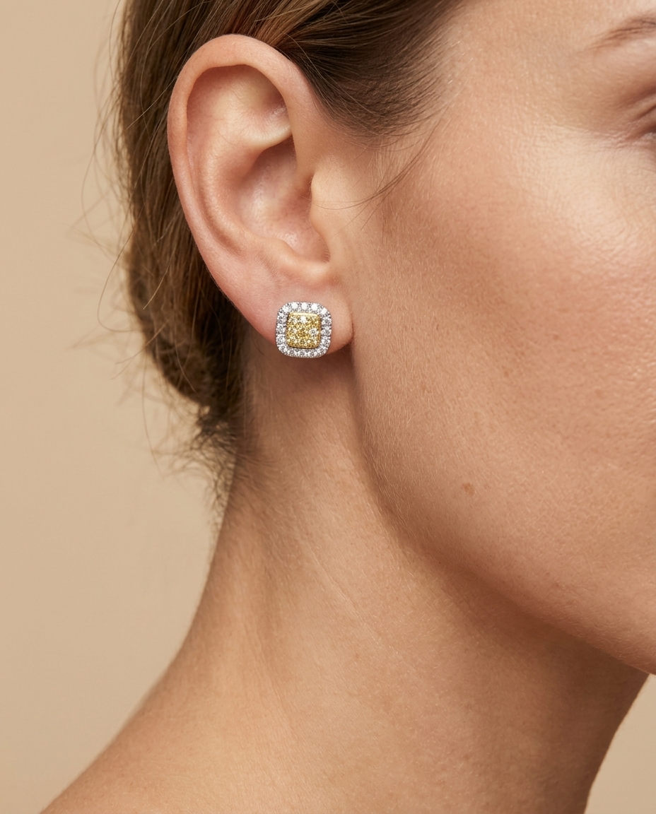 14KT Two Tone Diamond Square Earring on model