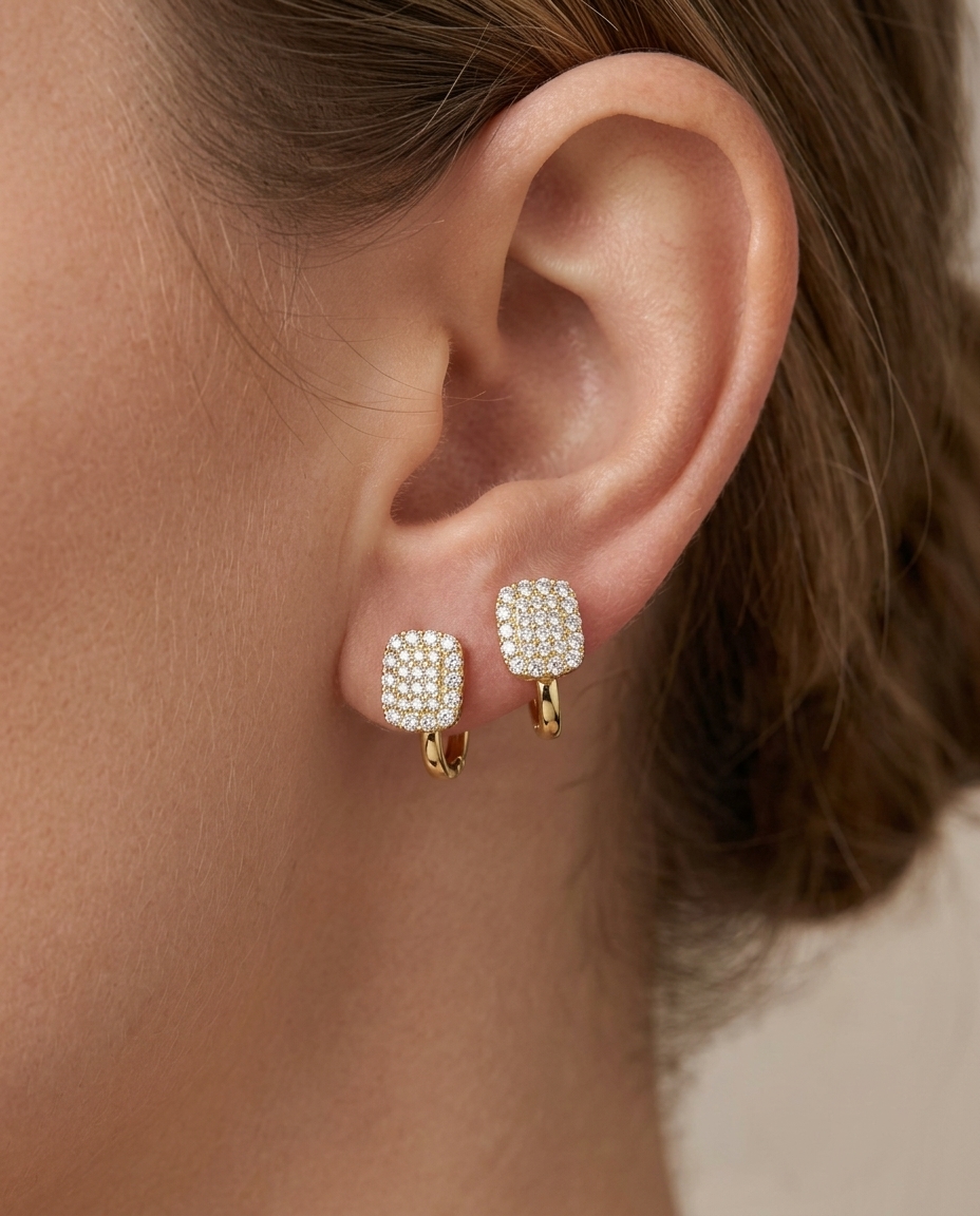 14KT Gold Diamond Rectangle Ear Studs on model