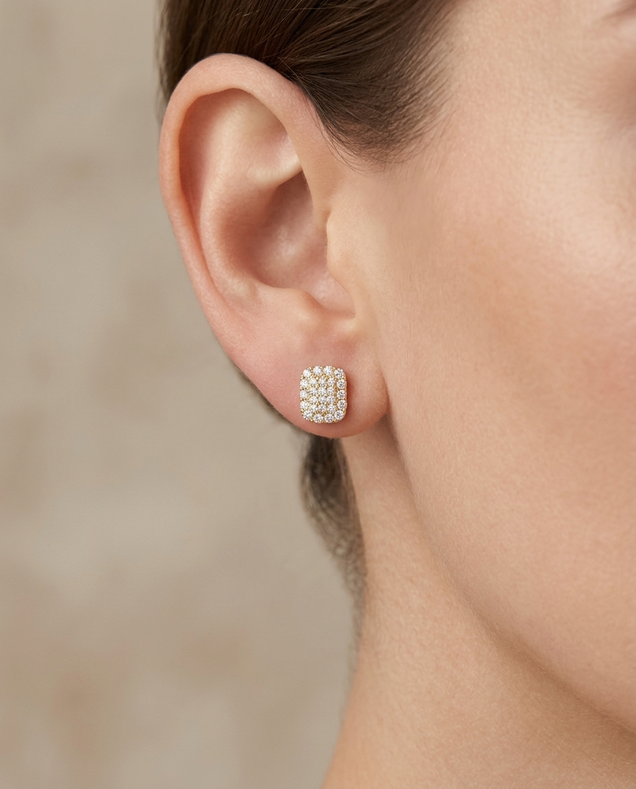 14KT Gold Diamond Rectangle Ear Studs on model