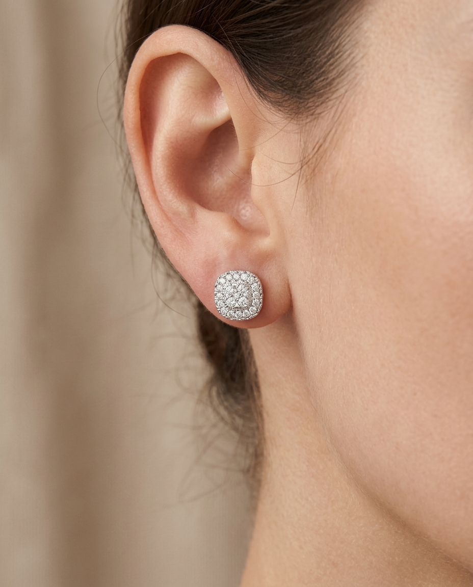 14KT White Gold Diamond Square Earring on model