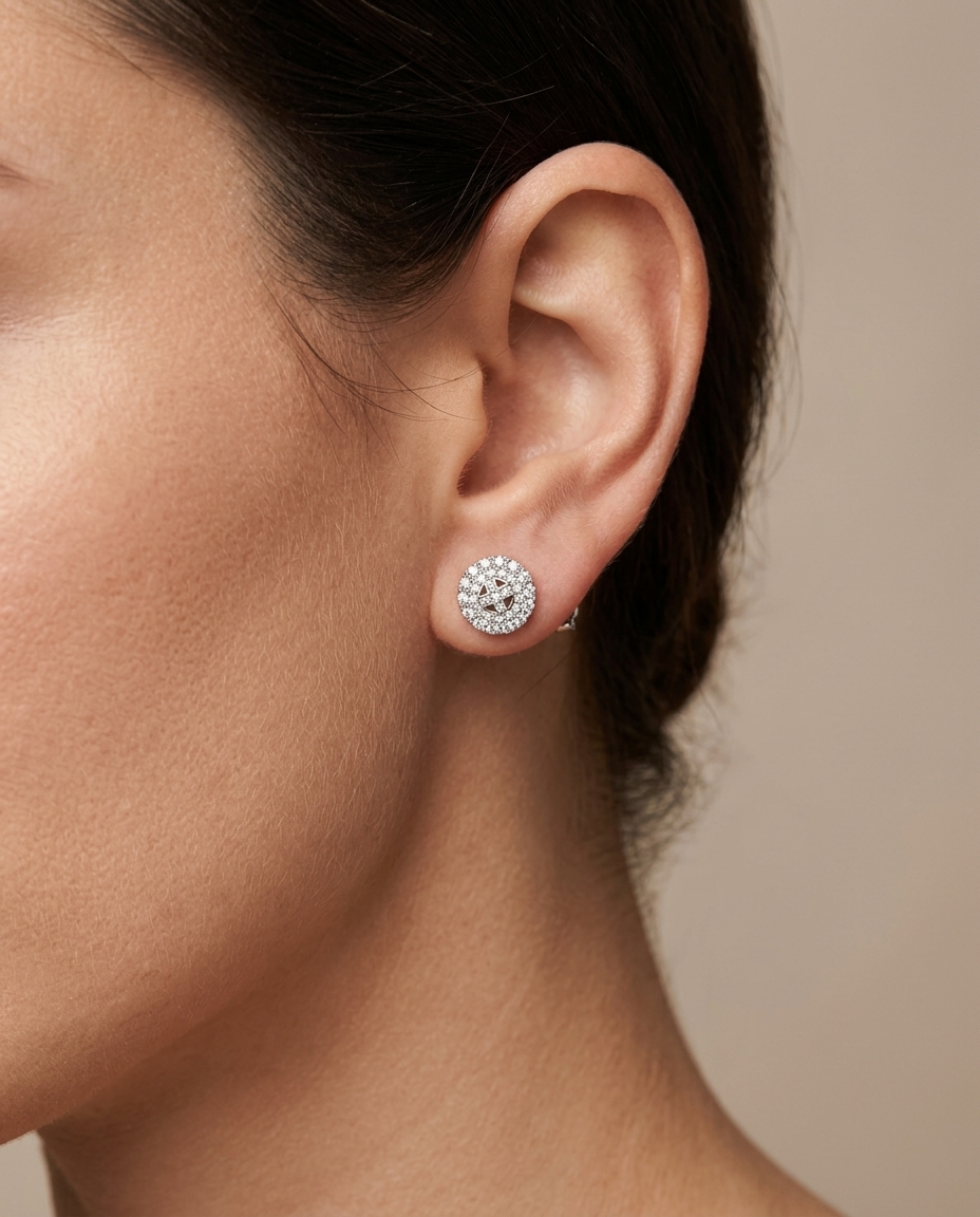 14KT White Gold Diamond Round Earring on model