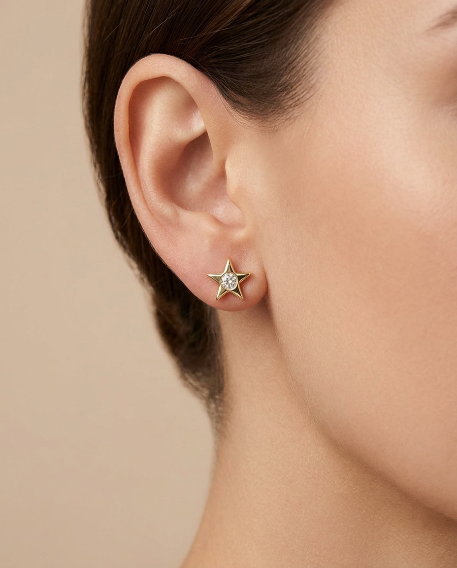 14KT Gold Diamond Star Ear Studs on model