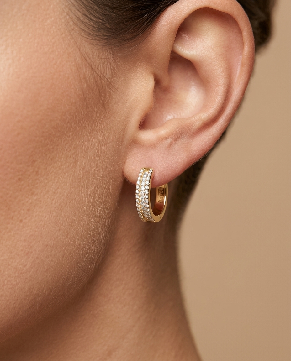 14KT Gold Diamond Huggies 12 MM on model