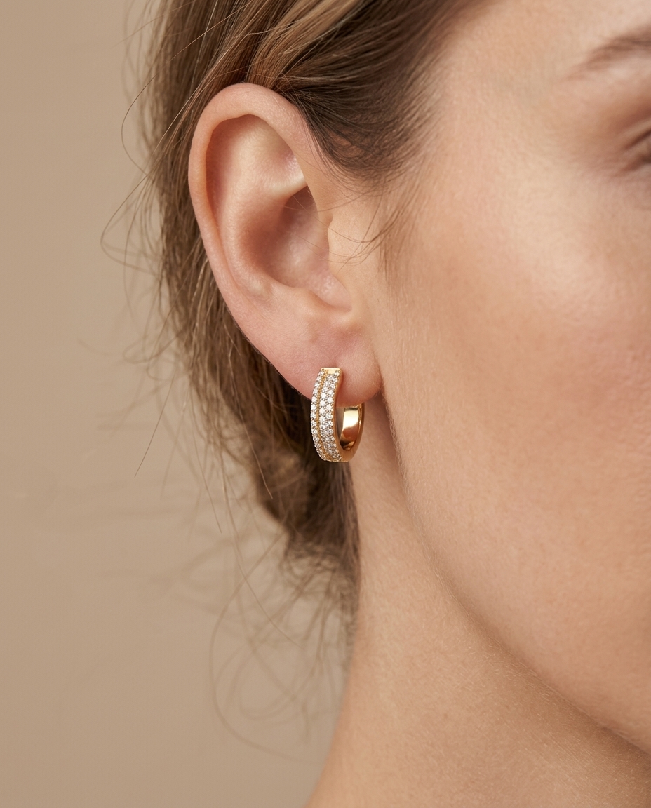 14KT Gold Diamond Huggies 12 MM on model