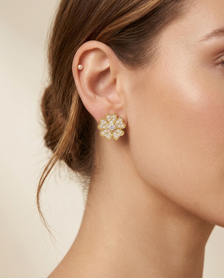 14KT Gold Diamond Flower Earring on model