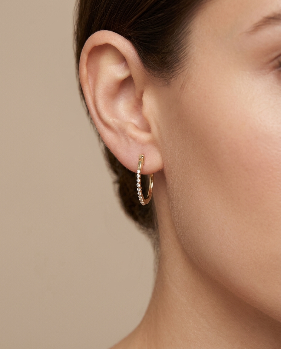 14KT Yellow Gold Diamond Hoop Earring on model