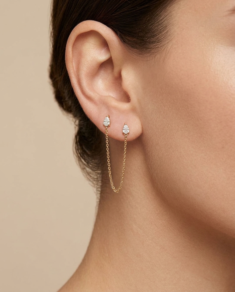 14KT Gold Double Stud Chain Earing on model