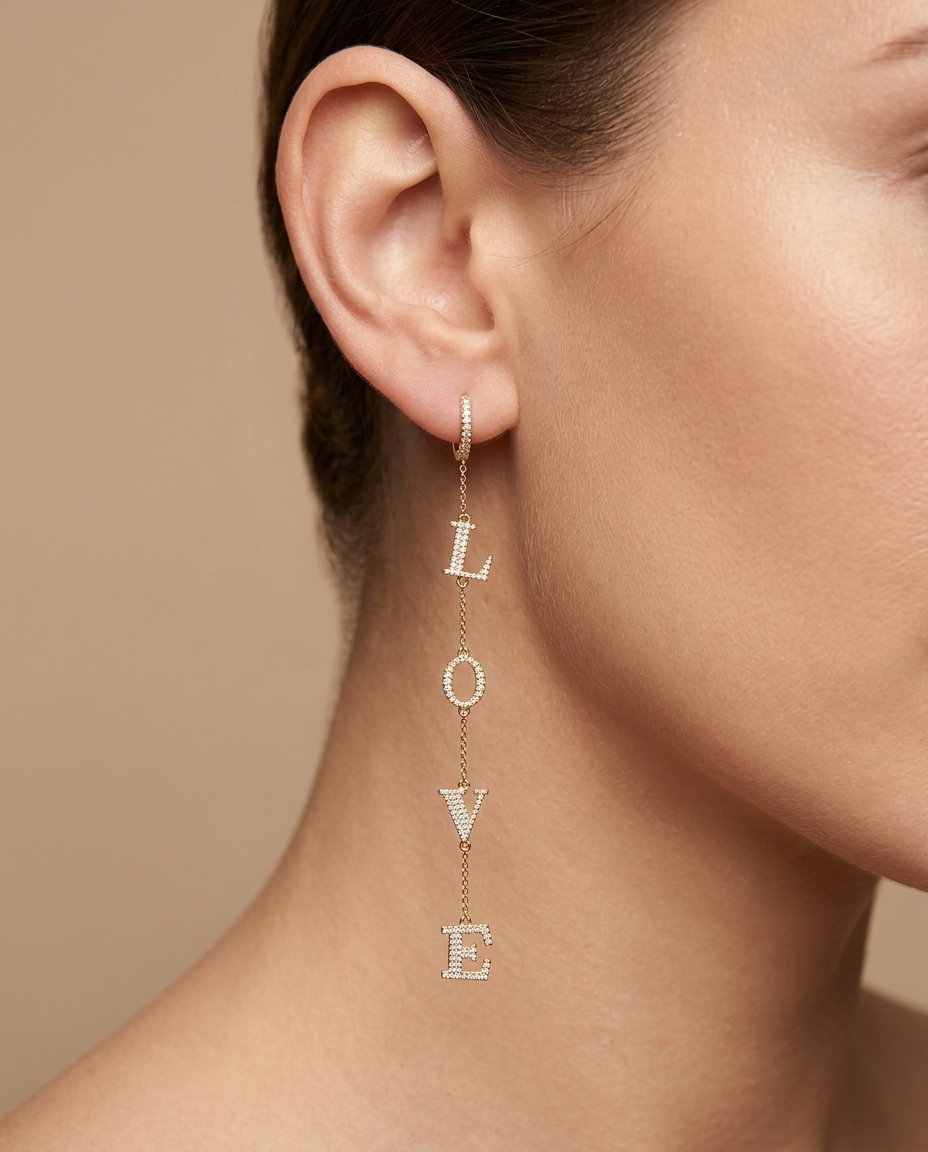 14KT Yellow Gold Diamond Love Earring on model