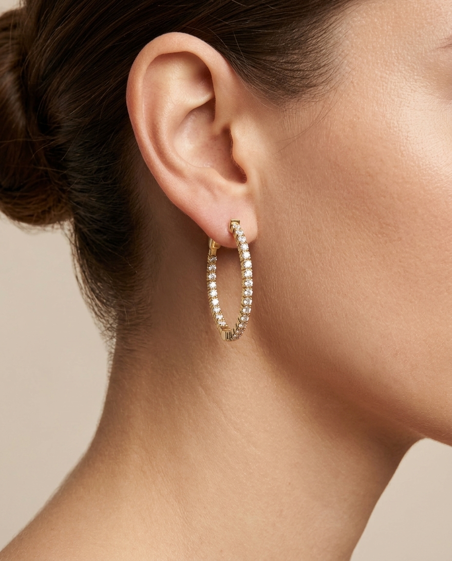 14KT Gold Diamond Hoop Earring on model