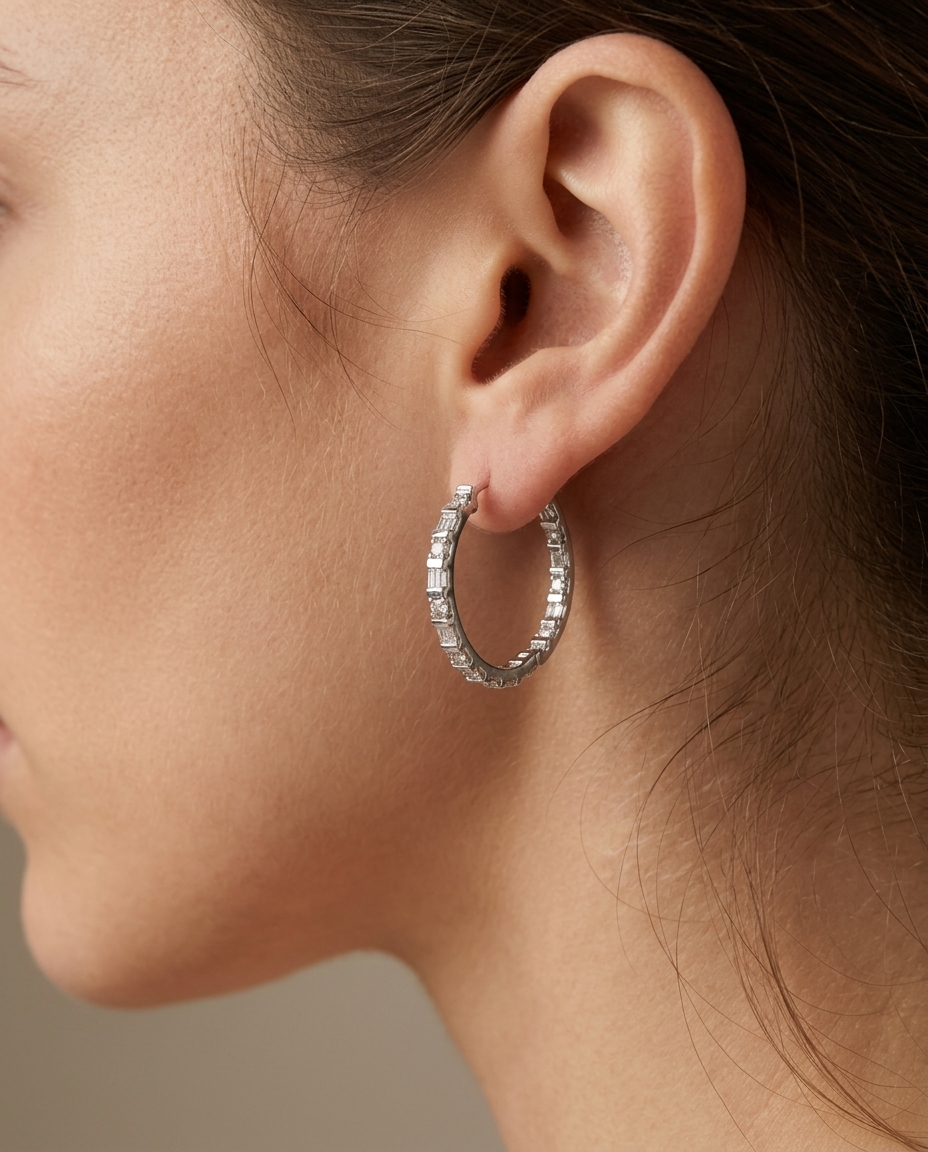 14KT Gold Diamond Hoop Earring on model