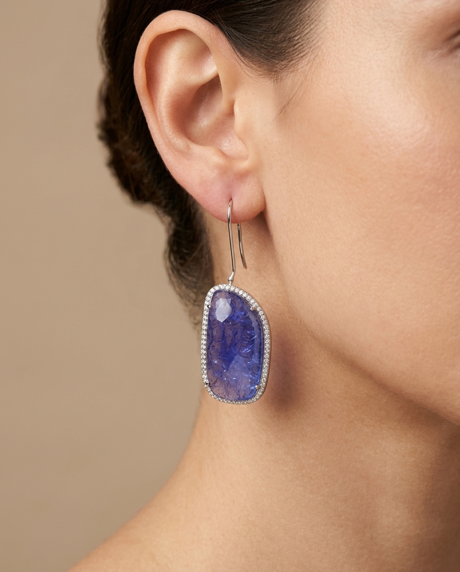 14KT White Gold Tanzanite and Diamonds Earring on model