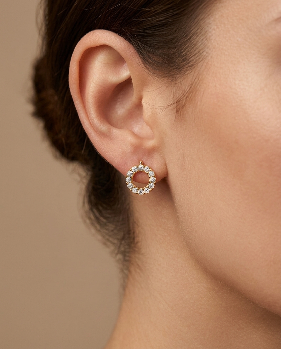 14KT Yellow Gold OO Diamond Earring on model