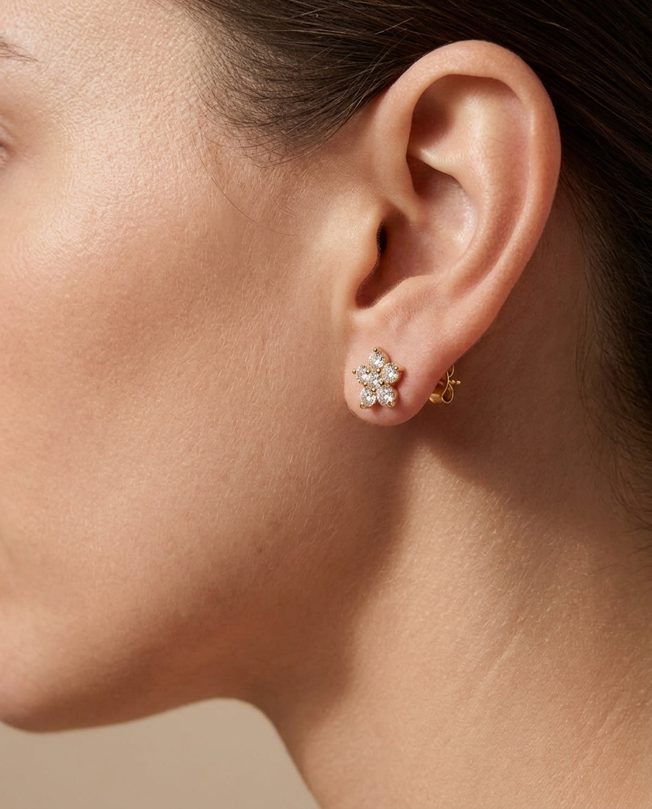 Diamond Flower Shape Ear Studs on model