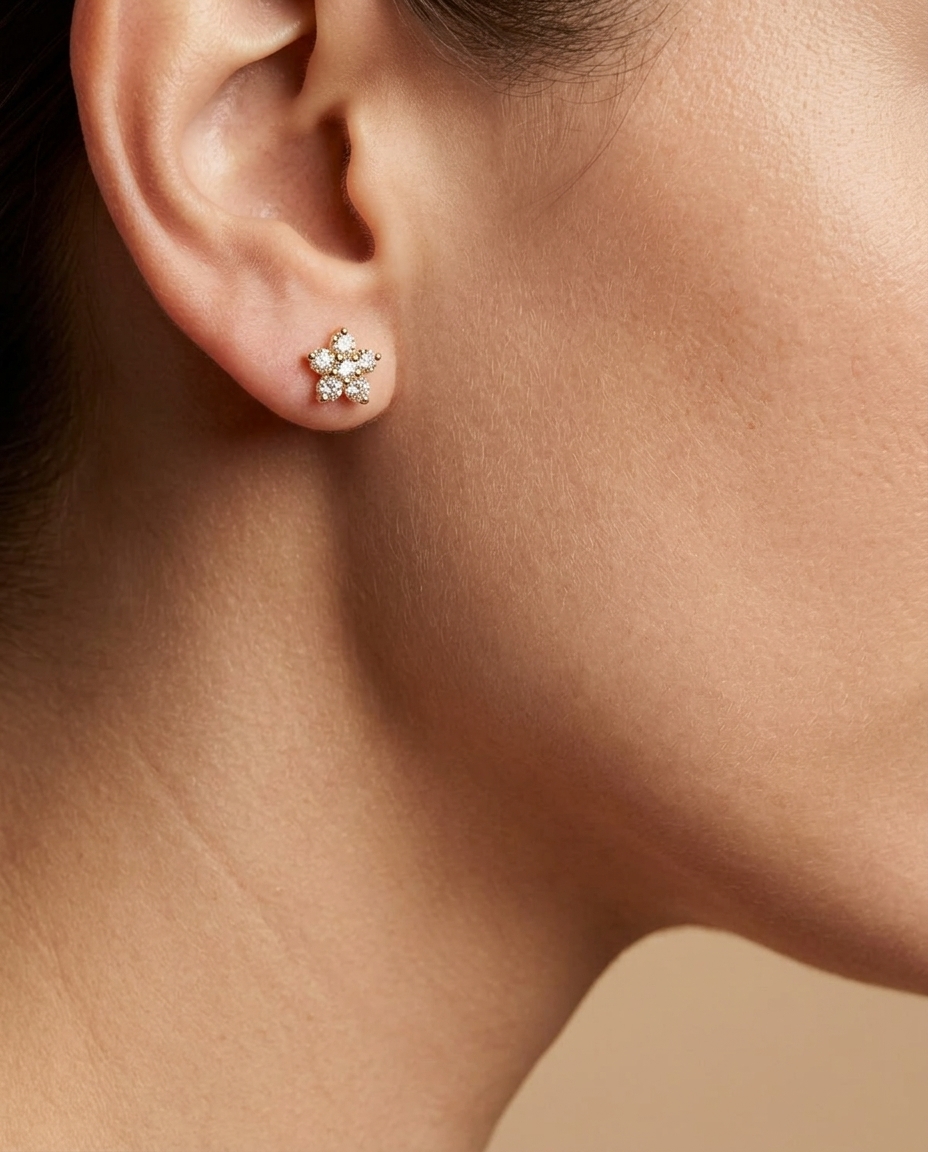 Diamond Flower Shape Ear Studs on model