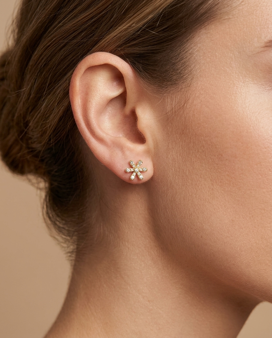 14KT Gold Diamond Flower Shape Ear Studs on model