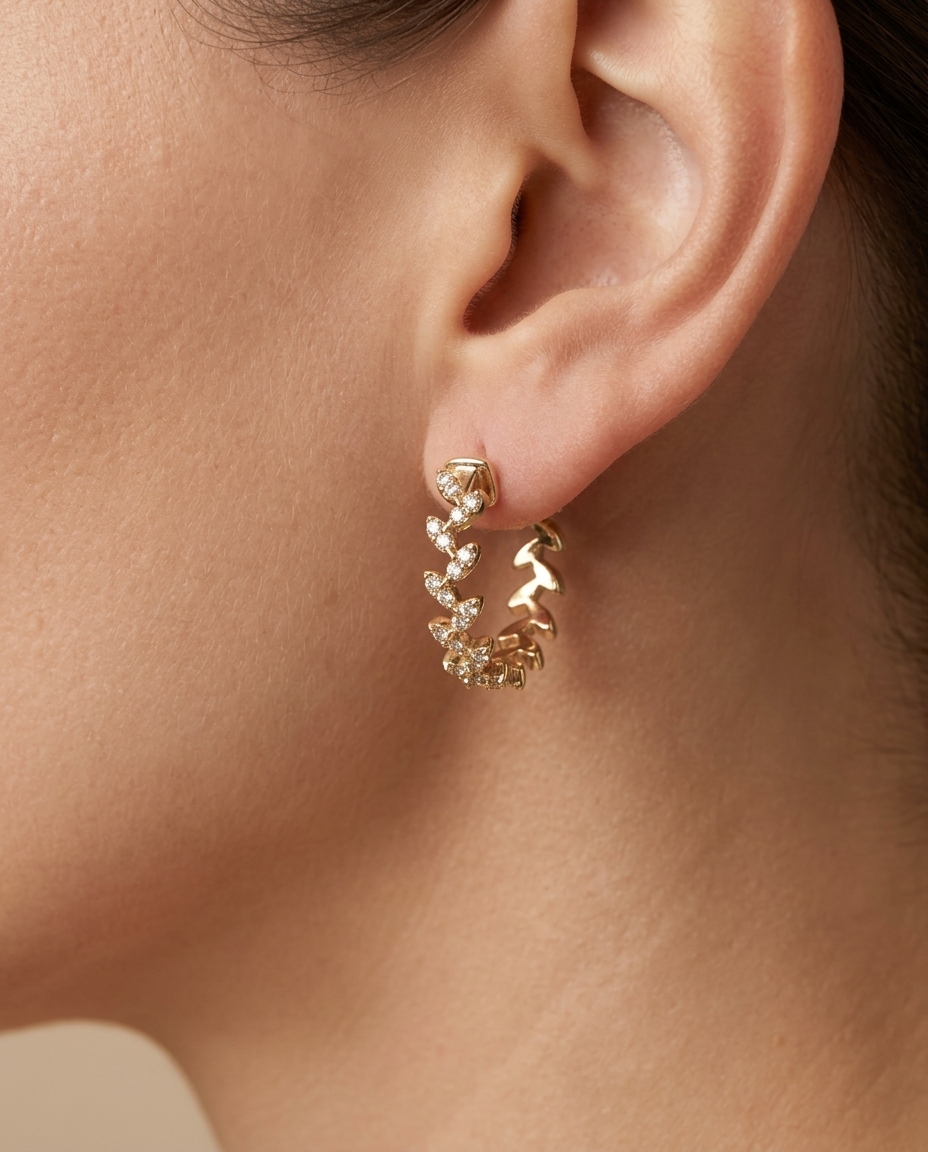 14KT Gold Diamond Leafshape Hoop Earrings on model