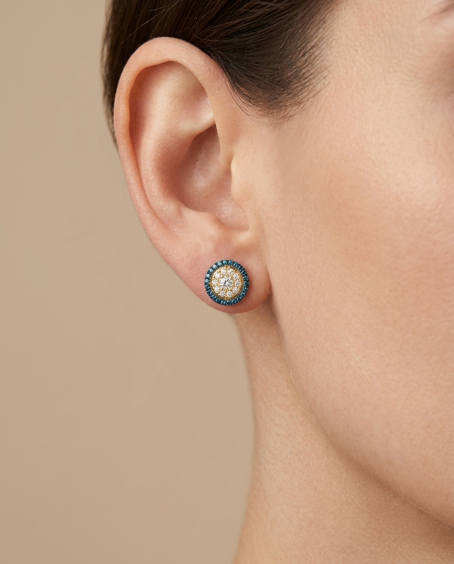 14KT Yellow Gold White and Blue Diamond Earring on model