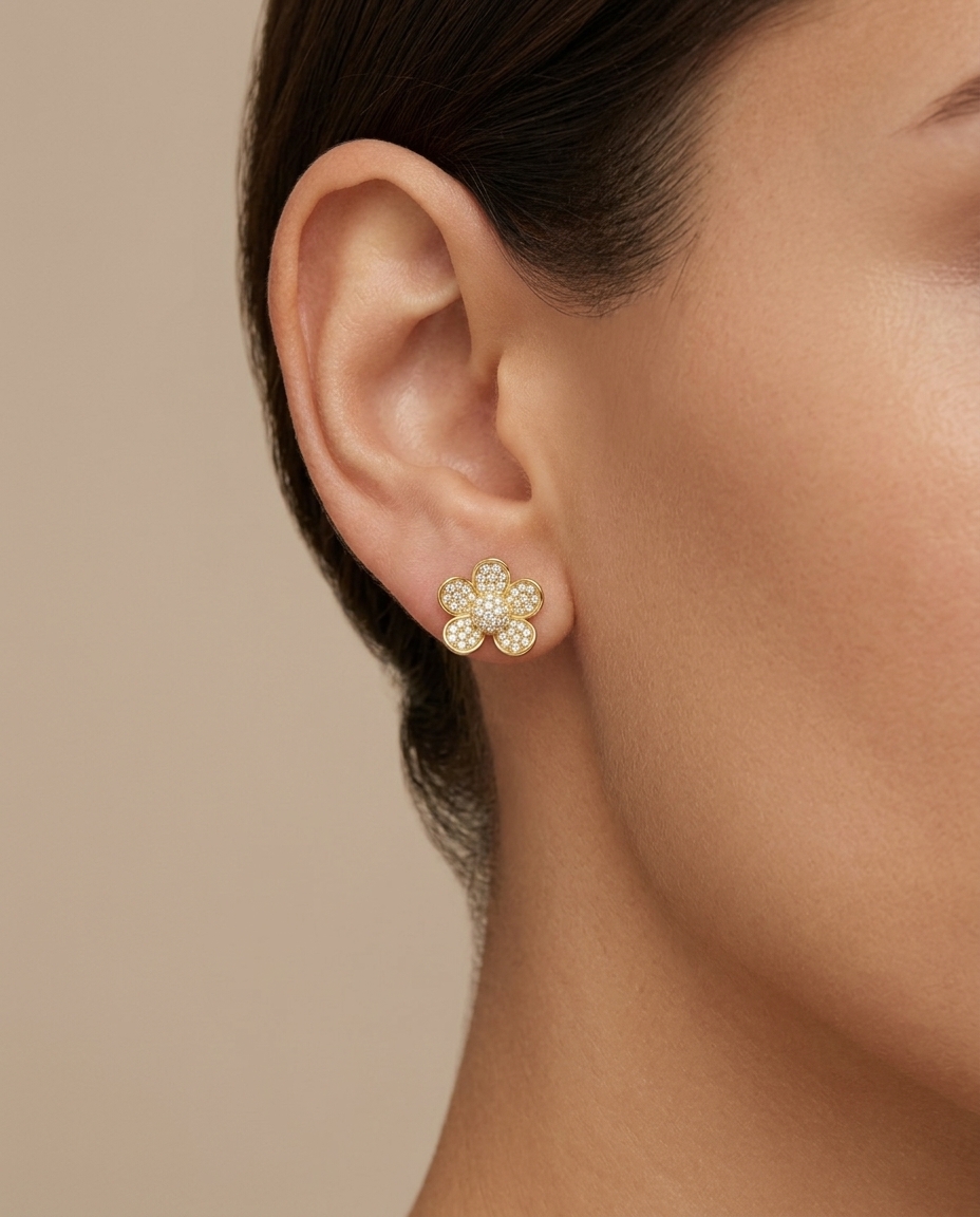 14KT Gold Diamond Flower Earring on model