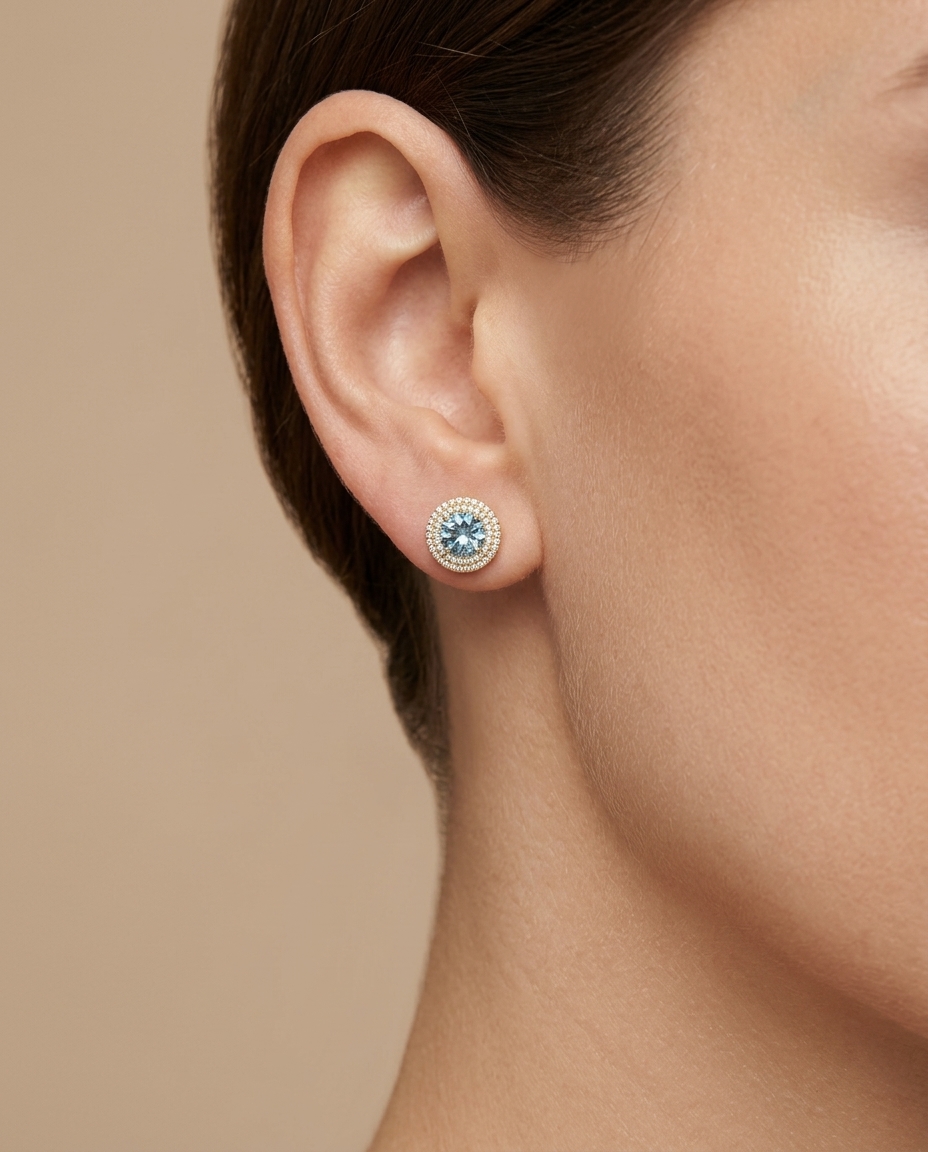 14KT Gold Aquamarine and Diamonds Earring on model
