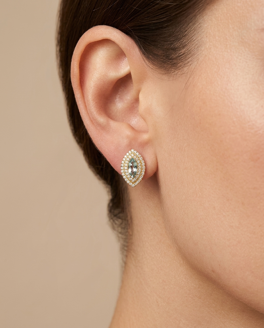 14KT Gold Aquamarine with Diamonds Earring on model