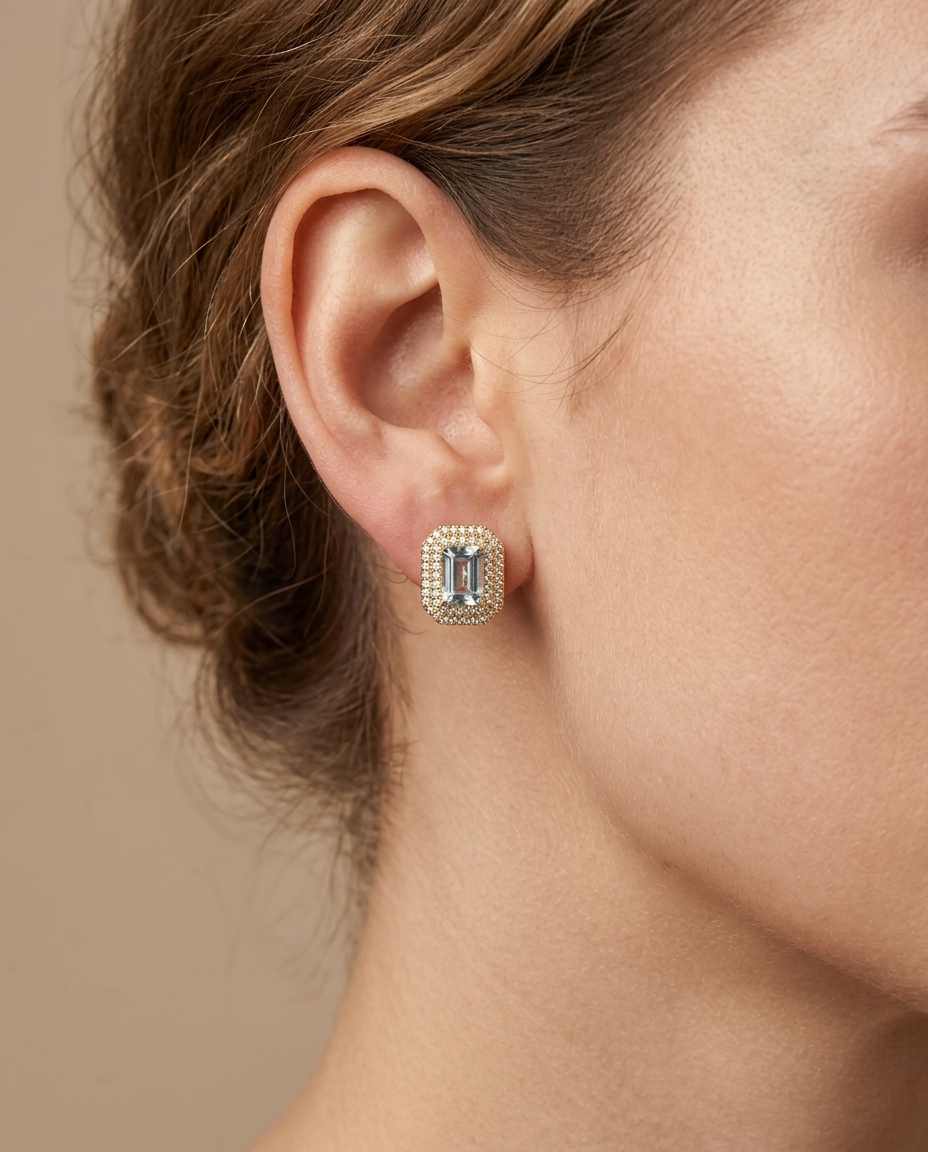 14KT Gold Aquamarine and Diamonds Stud Earring on model