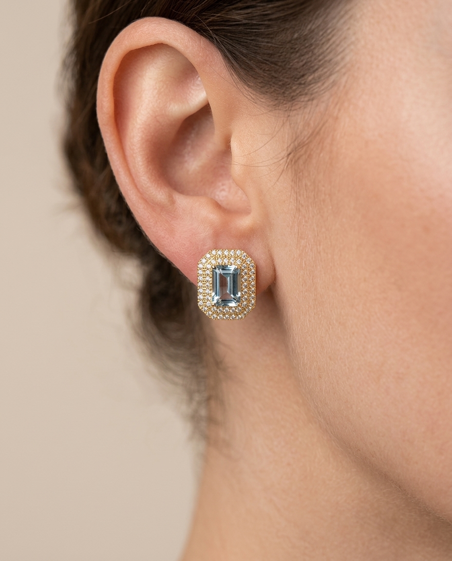 14KT Gold Aquamarine and Diamonds Stud Earring on model