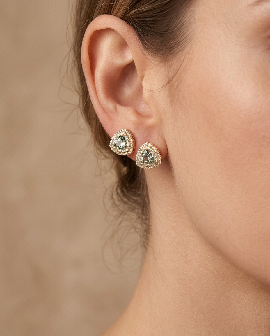 14KT Gold Aquamarine and Diamonds Stud Earring on model
