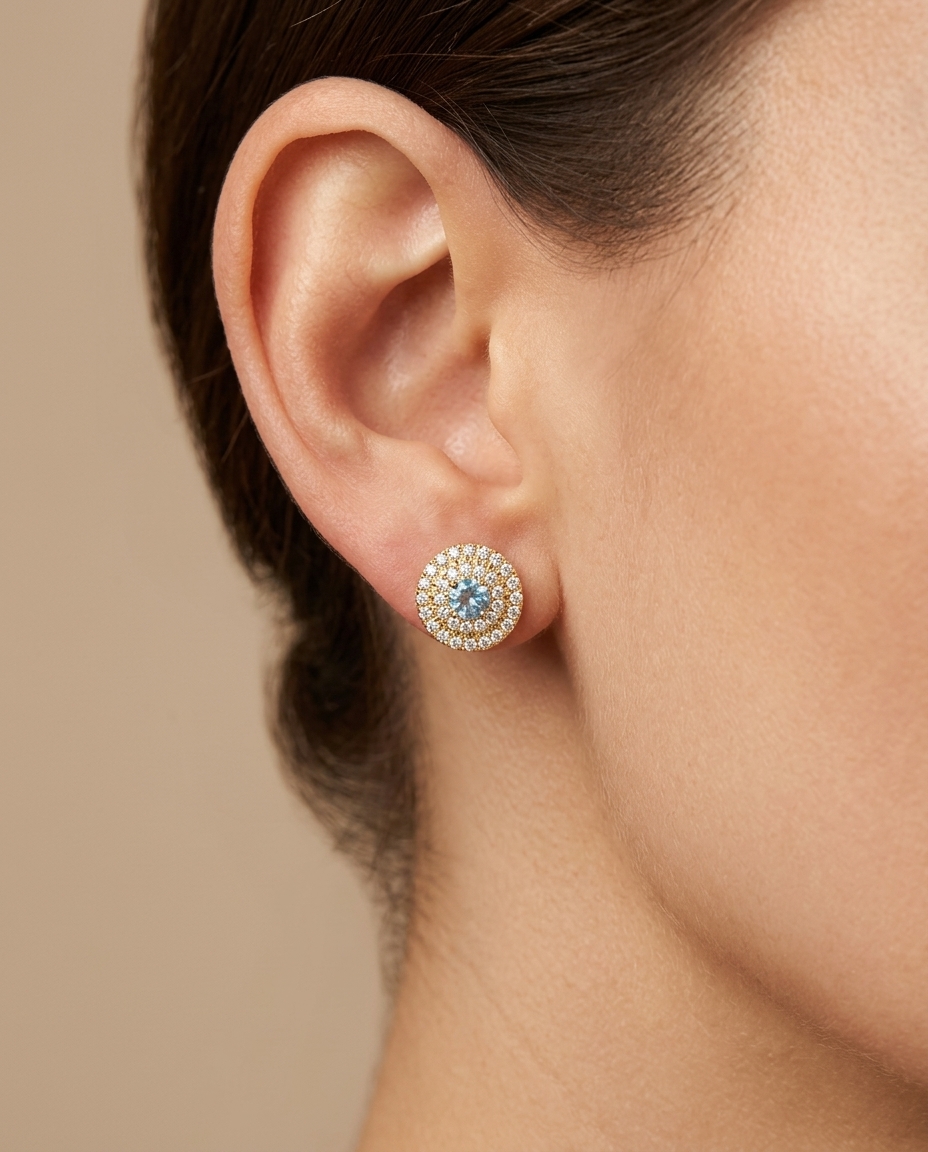 14KT Gold Aquamarine and Diamonds Earring on model