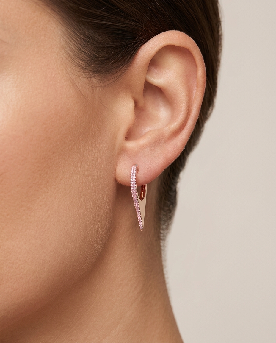 14KT Gold Pink Sapphire Spike Huggies 14 MM on model