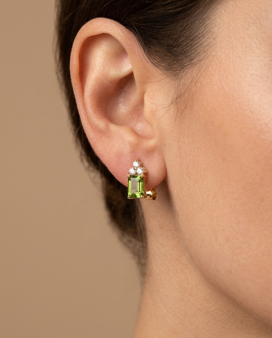 14KT Gold Green Tourmaline with Diamonds Earring on model